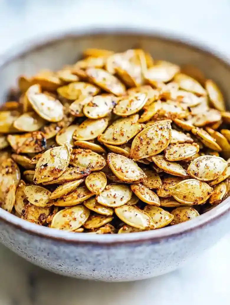 Ceramic bowl with golden-brown roasted pumpkin seeds on white marble.