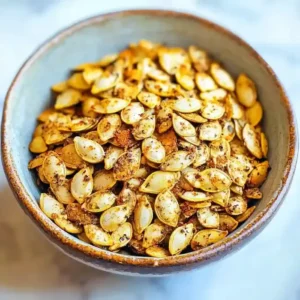 Rustic ceramic bowl with spiced roasted pumpkin seeds on marble surface.