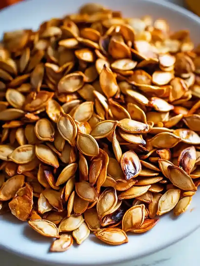 Closeup of golden-brown roasted pumpkin seeds on white marble.