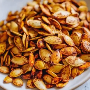 Closeup of golden-brown roasted pumpkin seeds on white marble.