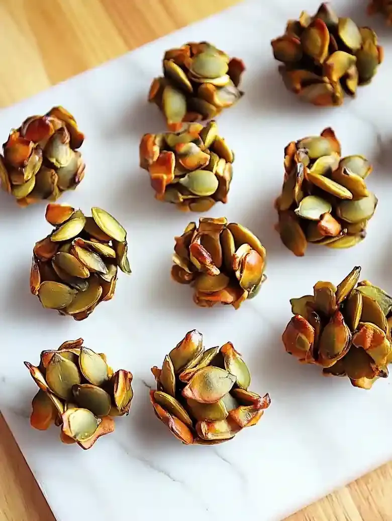 Clusters of golden-brown baked pumpkin seeds on white marble.