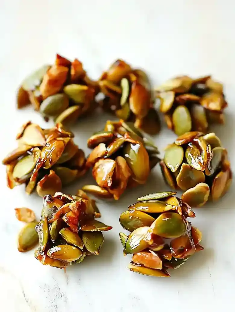 Baked pumpkin seed clusters on white marble with gray veining.