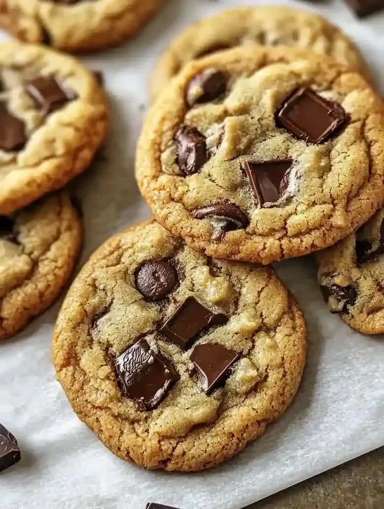 Stacked chocolate chip cookies on white marble with dark chocolate chunks.