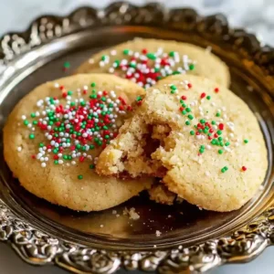 Four golden-brown cookies with green and white sprinkles on a silver plate.