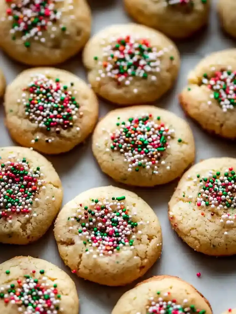 Golden-brown cookies with green and white sprinkles on a marble surface.