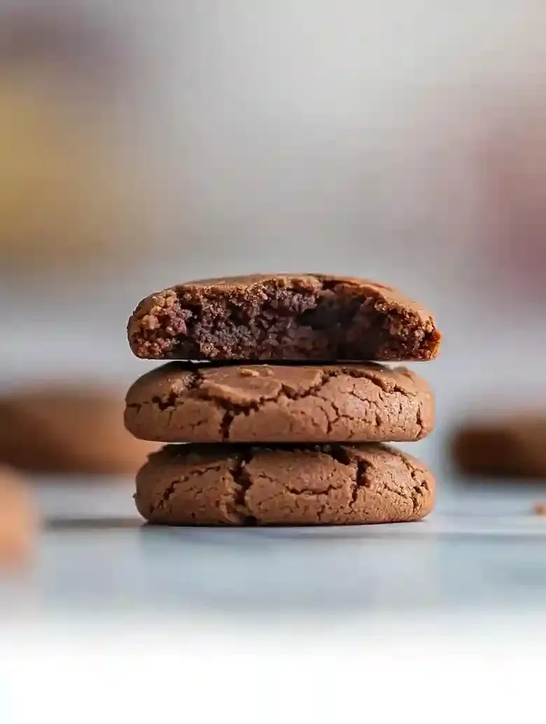 Stack of chocolate peanut butter cookies with a tilted top cookie revealing the center.
