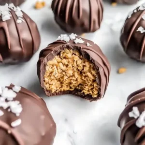 Chocolate-coated peanut butter balls on marble, one partially bitten.