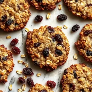 Oatmeal raisin cookies on a marble baking sheet, surrounded by oats and raisins.