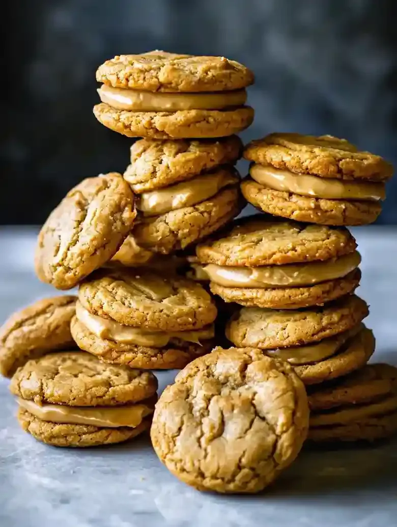 Stack of golden-brown peanut butter sandwich cookies on marble surface.