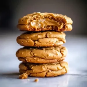 Stack of peanut butter sandwich cookies with a bite taken out of the top cookie.