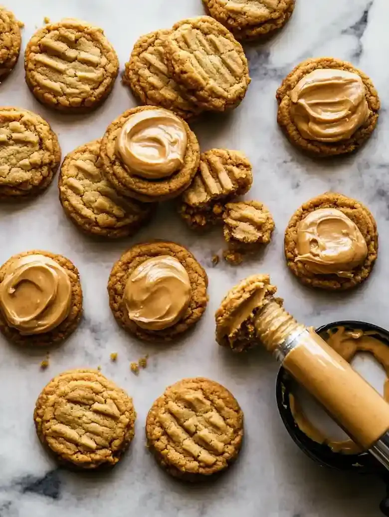 Peanut butter sandwich cookies arranged on marble, with a piping bag nearby.