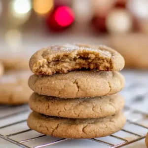 Stack of three gingerbread cookies on marble surface, one bitten.