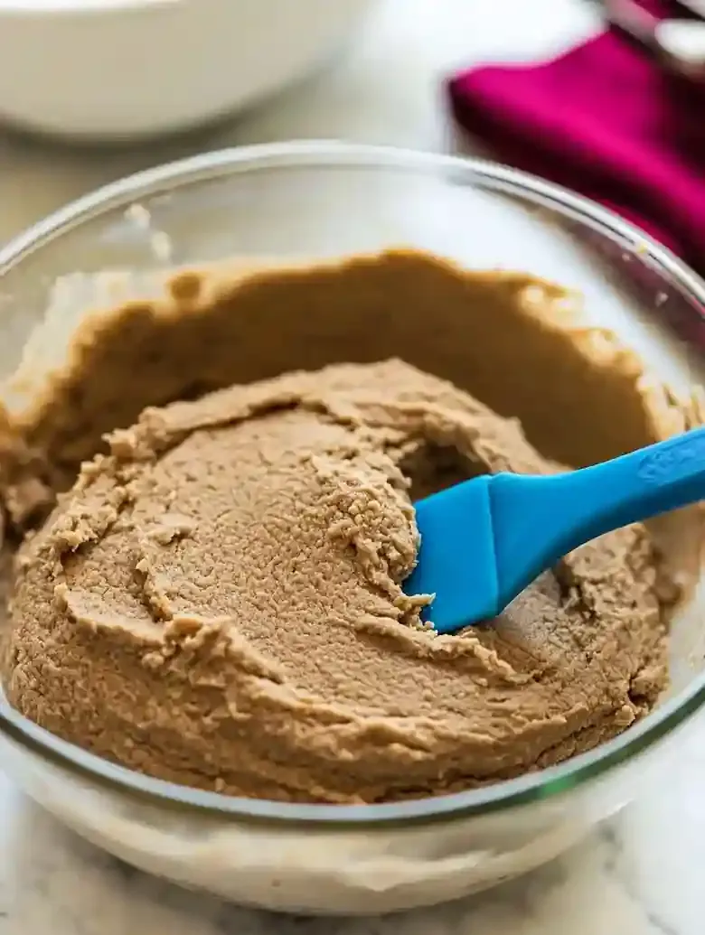 Glass bowl filled with light brown gingerbread dough and blue spatula.