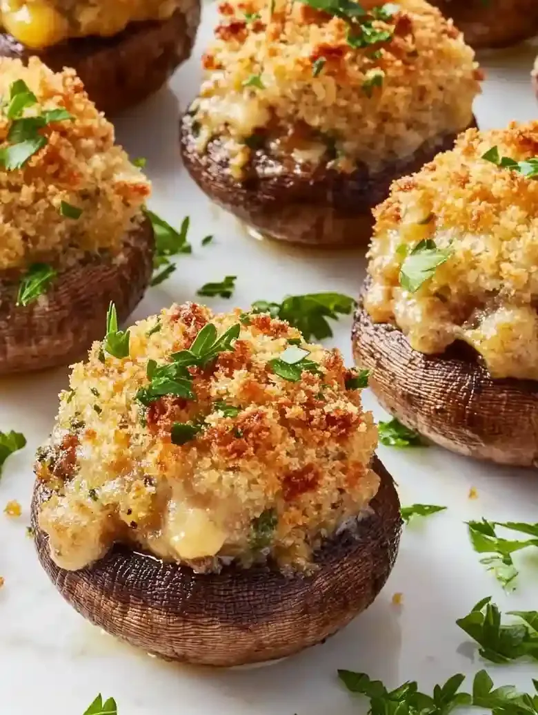 Cheesy stuffed mushrooms with crispy tops and parsley on marble surface.