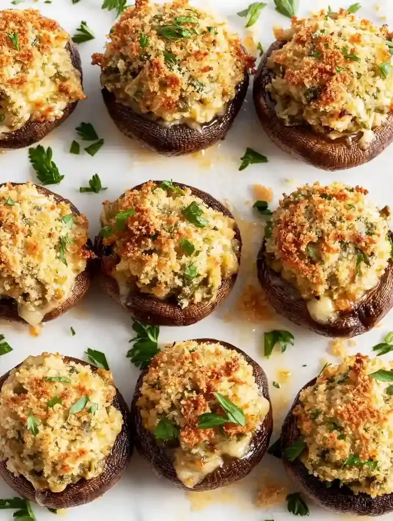Cheesy stuffed mushrooms with toasted breadcrumbs and parsley garnish.