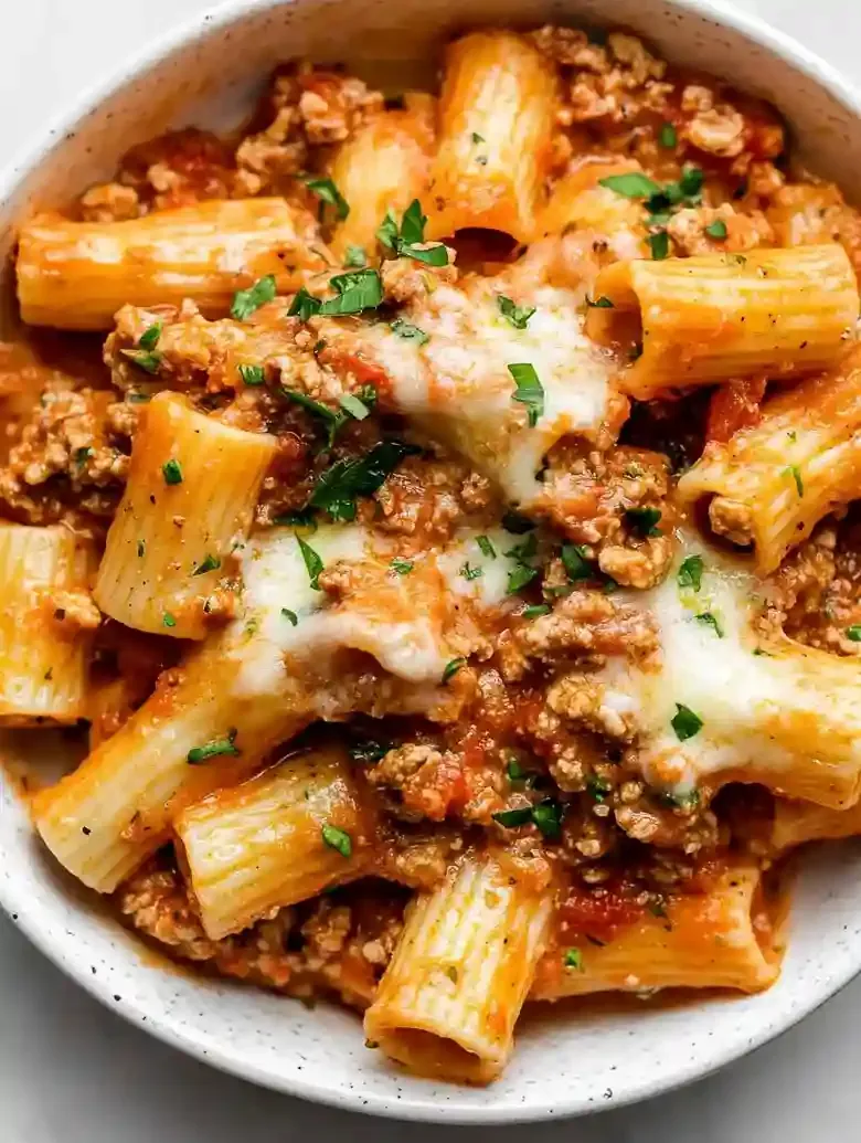 Baked Mostaccioli with Meat Sauce and Cheese
