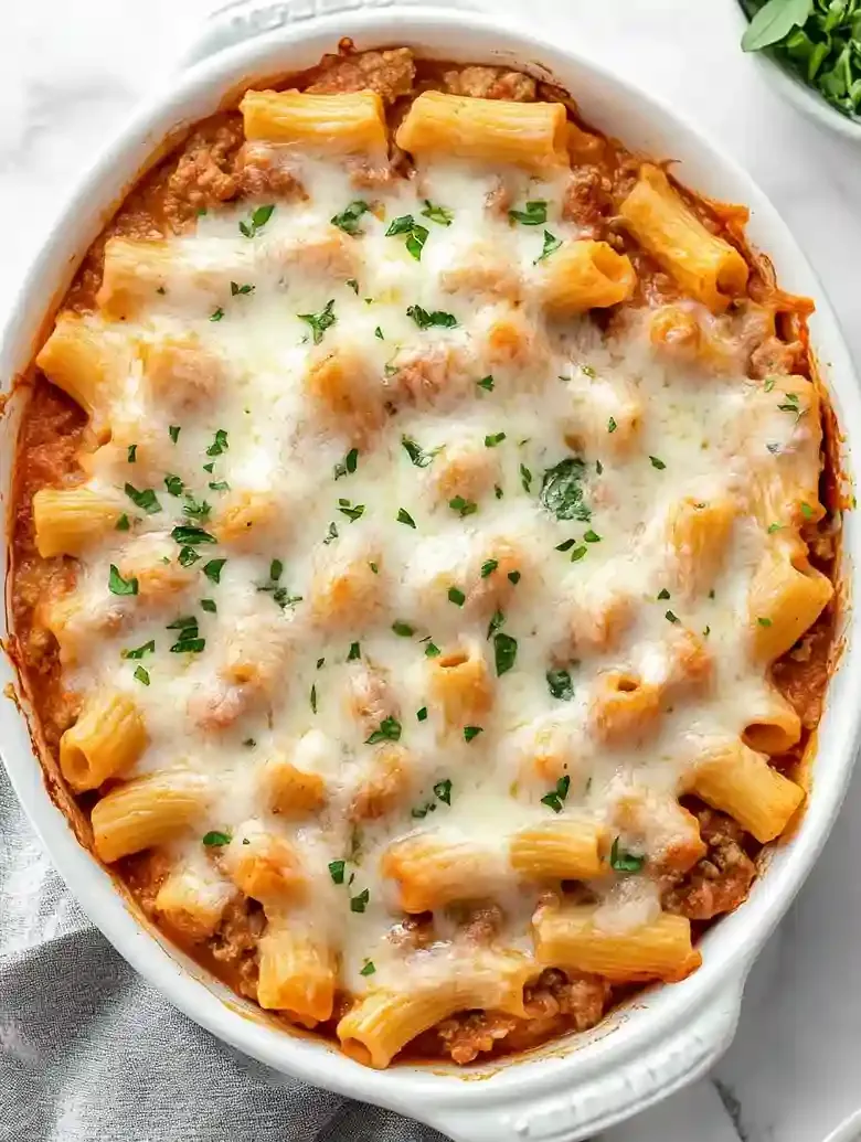 Baked Mostaccioli with Meat Sauce and Cheese