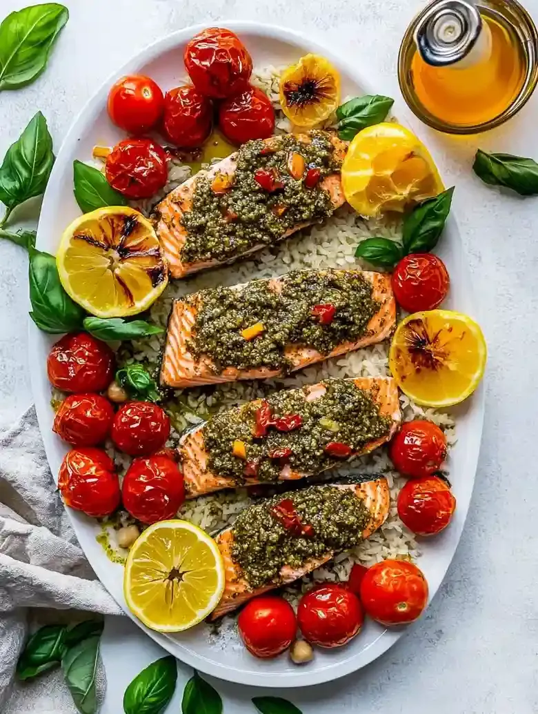 Baked Salmon with Pesto and Tomatoes