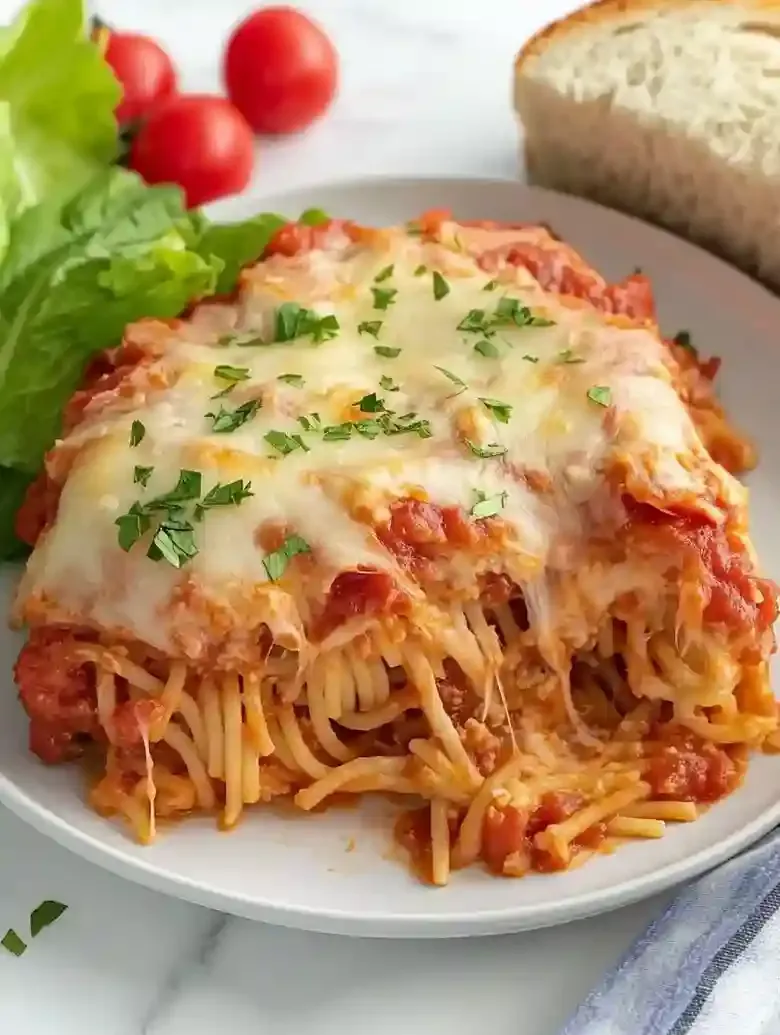 Baked Spaghetti Casserole with Meat Sauce