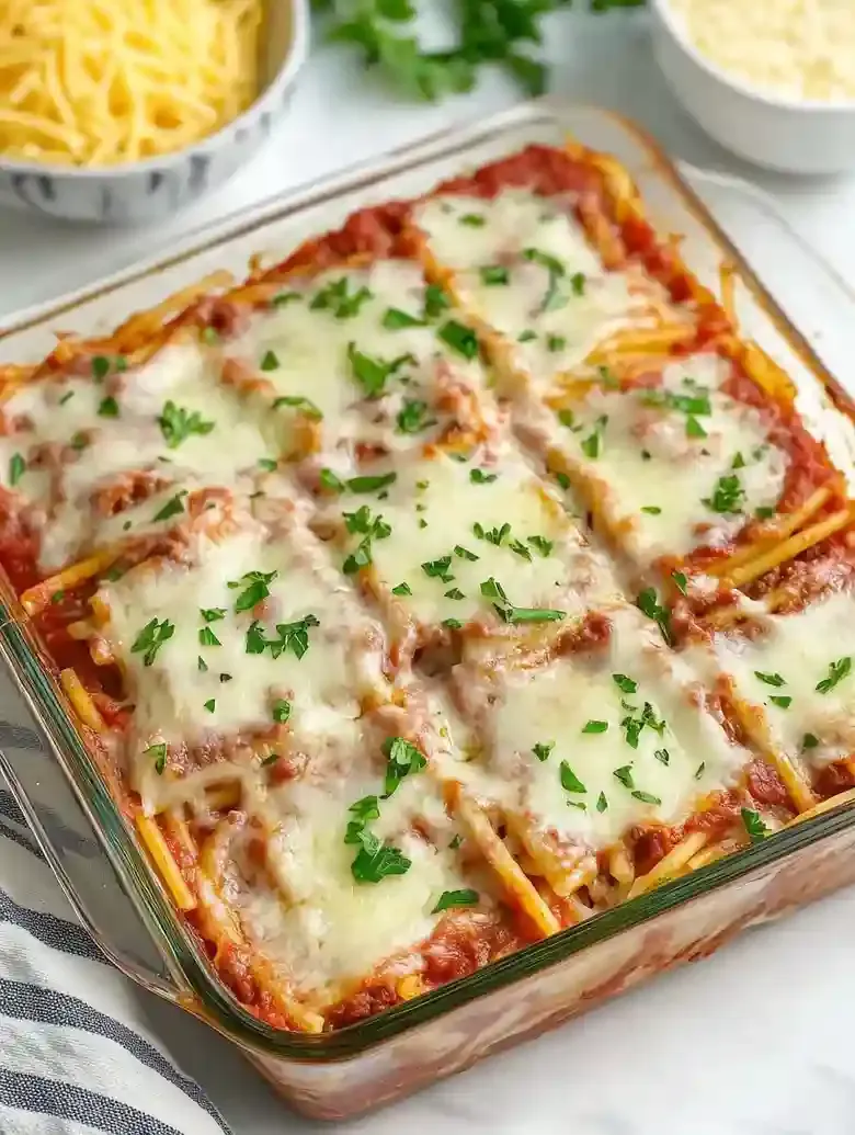 Baked Spaghetti Casserole with Meat Sauce