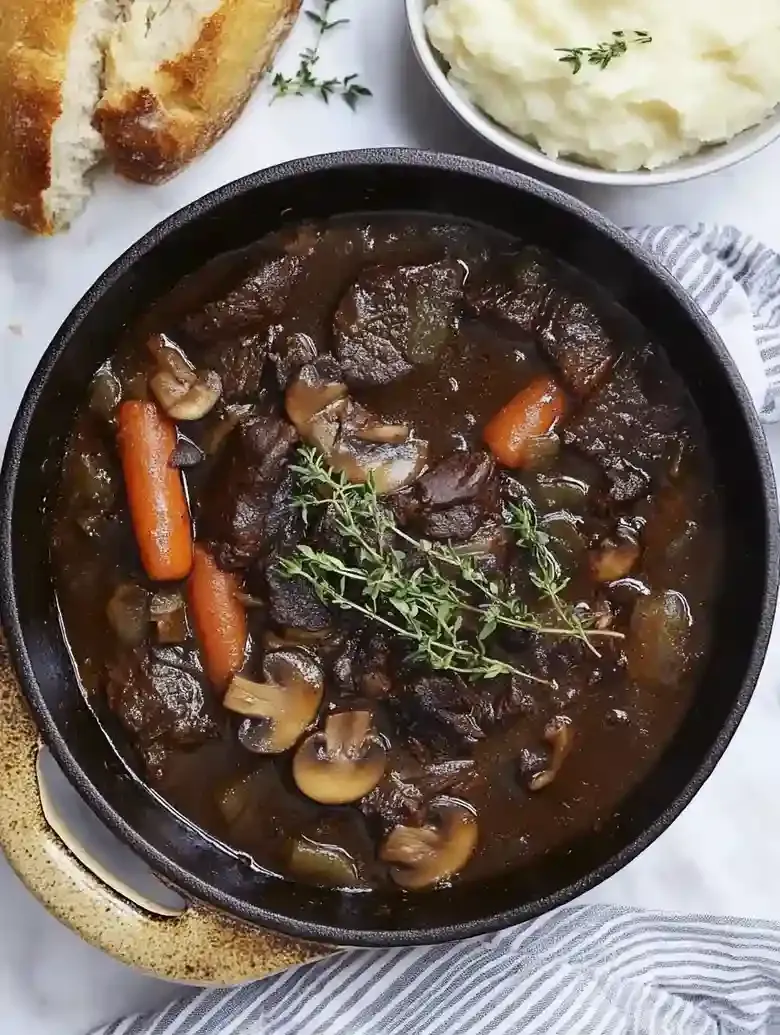 Braised Beef with Red Wine and Mushrooms