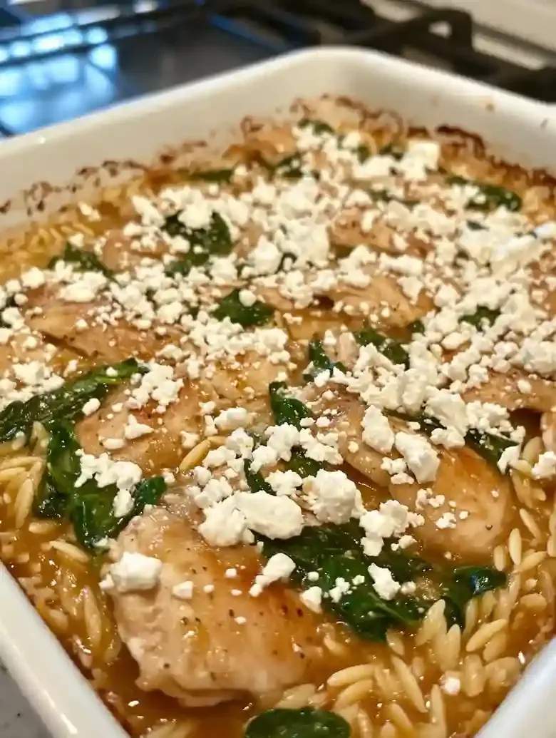 Chicken Orzo Bake with Spinach and Feta