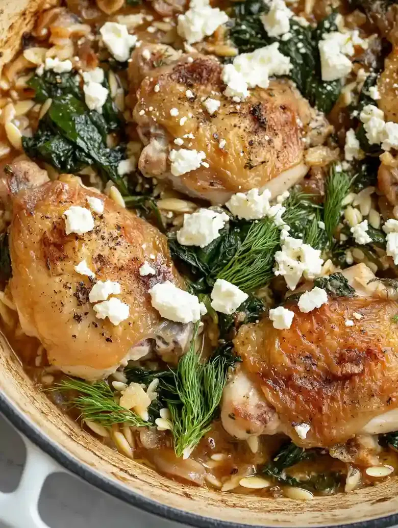 Chicken Orzo Bake with Spinach and Feta