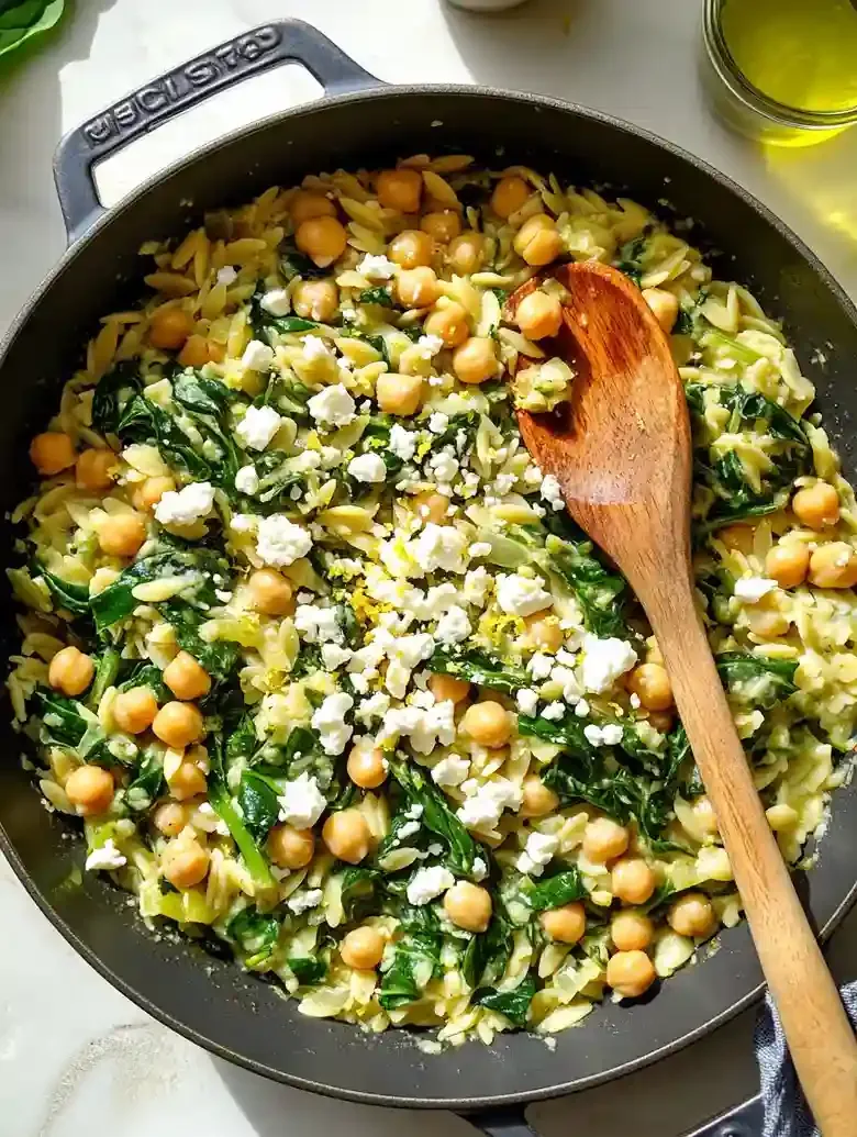 Creamy Spinach Orzo with Chickpeas and Feta