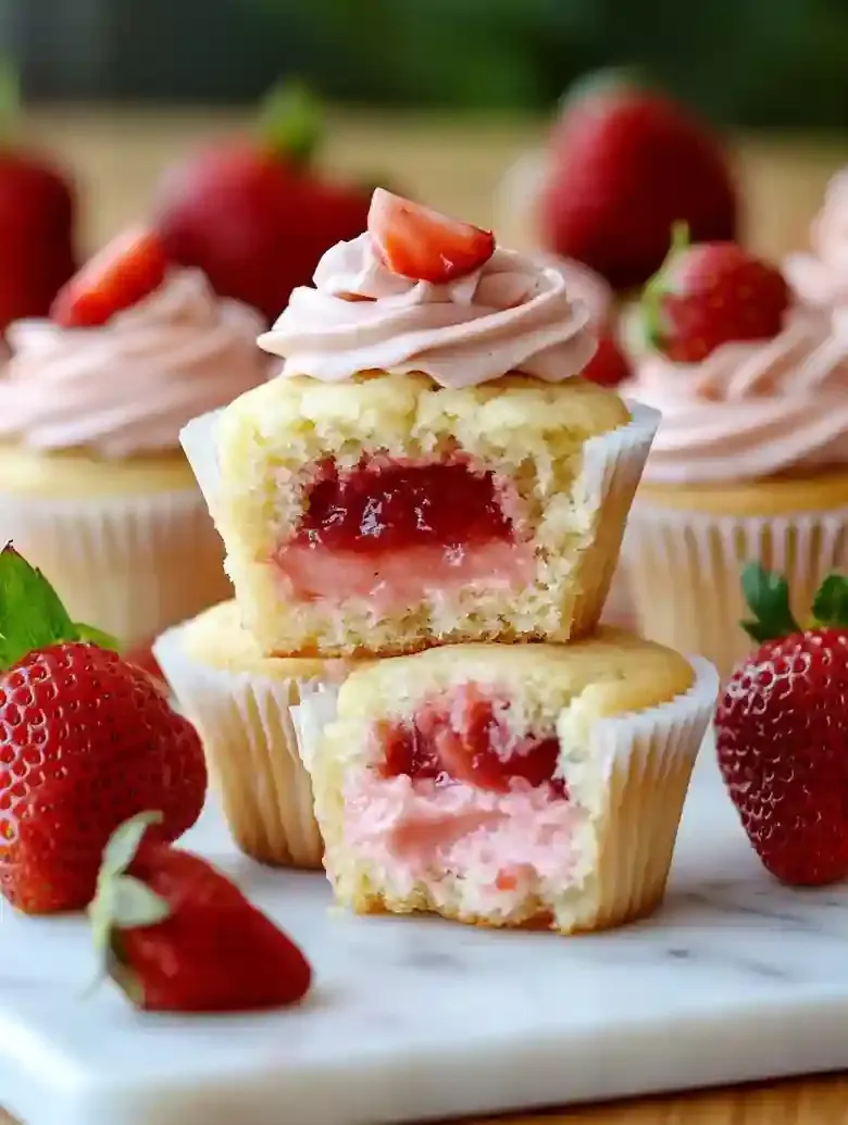 Rhubarb Cupcakes with Strawberry Compote