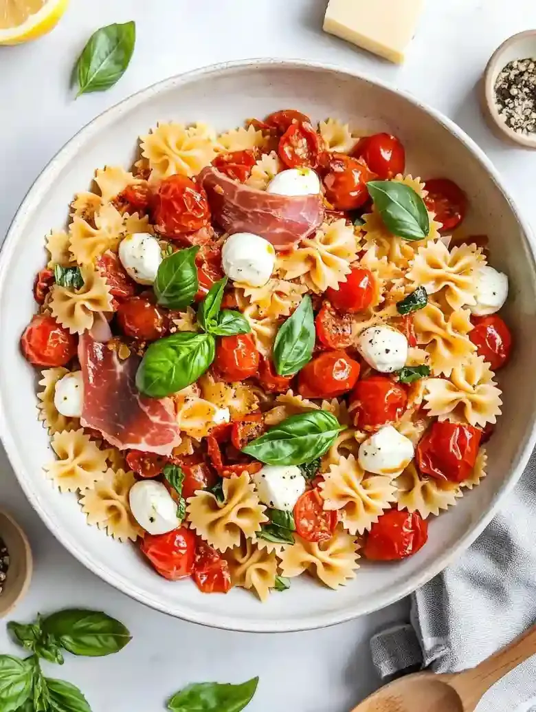 Tomato Garlic Confit Caprese Pasta Salad