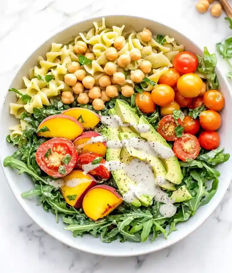 Fresh Arugula and Peach Pasta Salad
