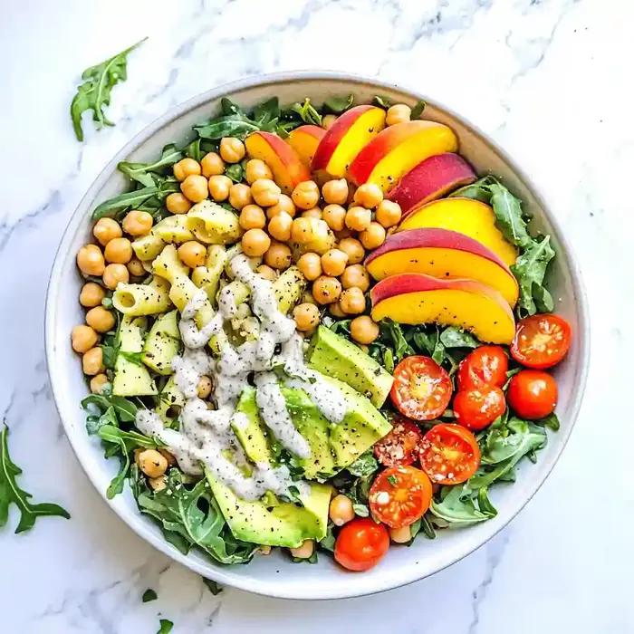 Fresh Arugula and Peach Pasta Salad