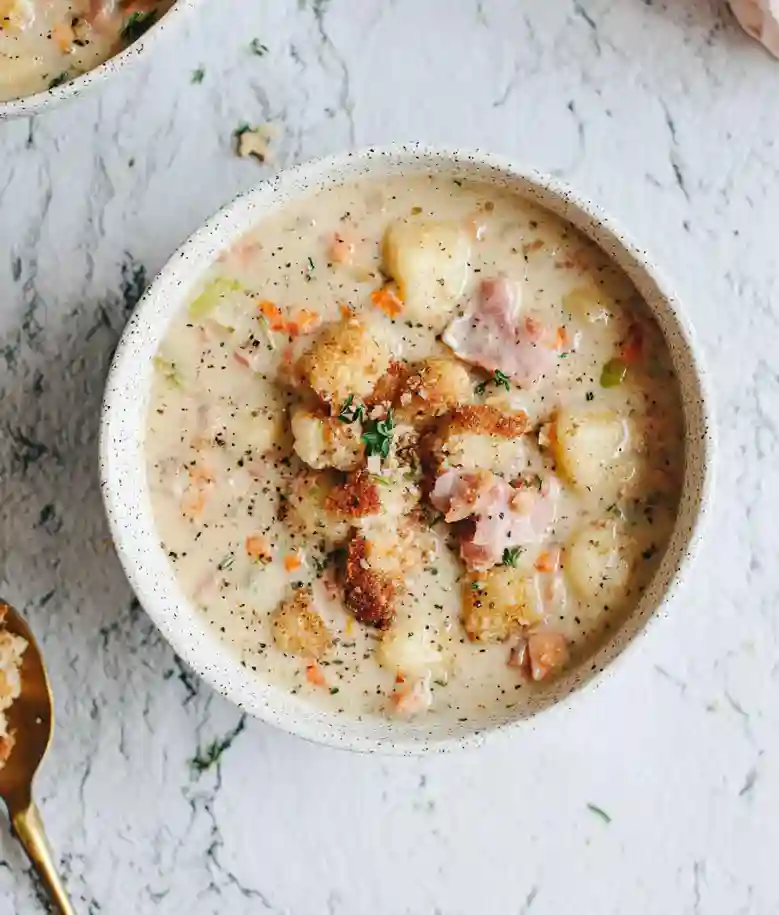 Crispy Gnocchi Ham and Leek Soup