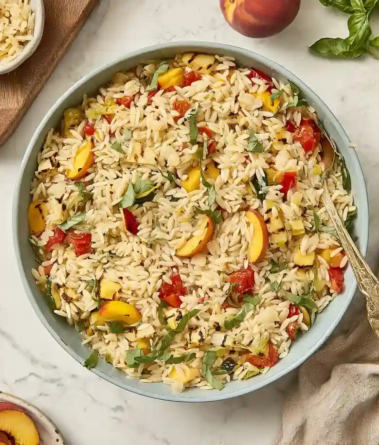 Grilled Vegetable Orzo Salad with Peaches