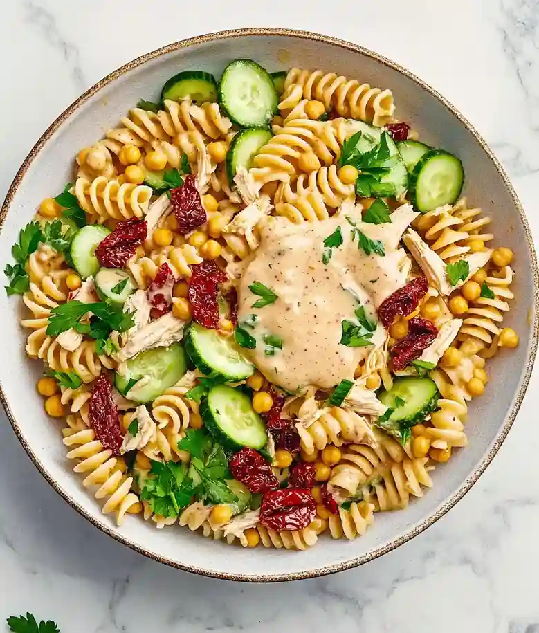 High Protein Tuscan Chicken Pasta Salad