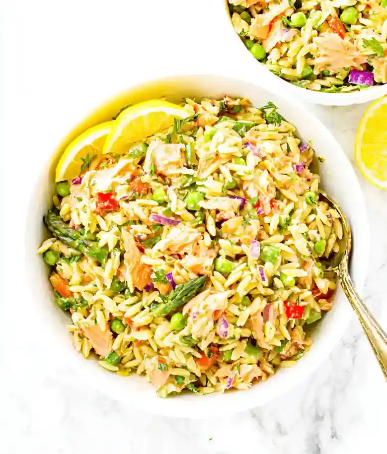 Lemony Salmon Asparagus Orzo Salad