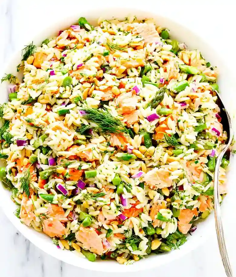 Lemony Salmon Asparagus Orzo Salad