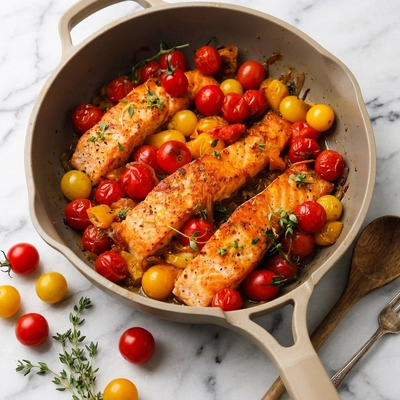 One Pan Salmon with Cherry Tomatoes