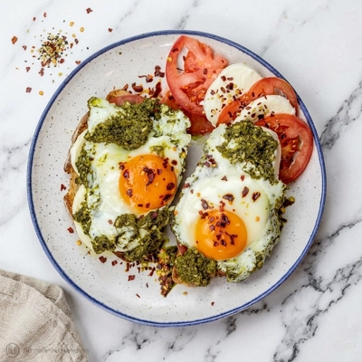 Pesto Eggs with Mozzarella and Tomatoes