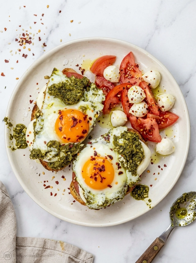 Pesto Eggs with Mozzarella and Tomatoes - 1